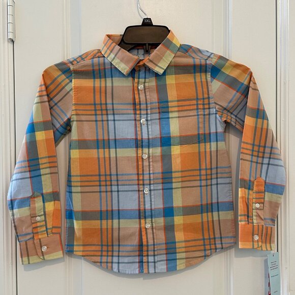 Boys Cat & Jack Orange & Blue Plaid Button-Up Stretch Shirt Size S (6/7) 100% Co - Picture 1 of 6